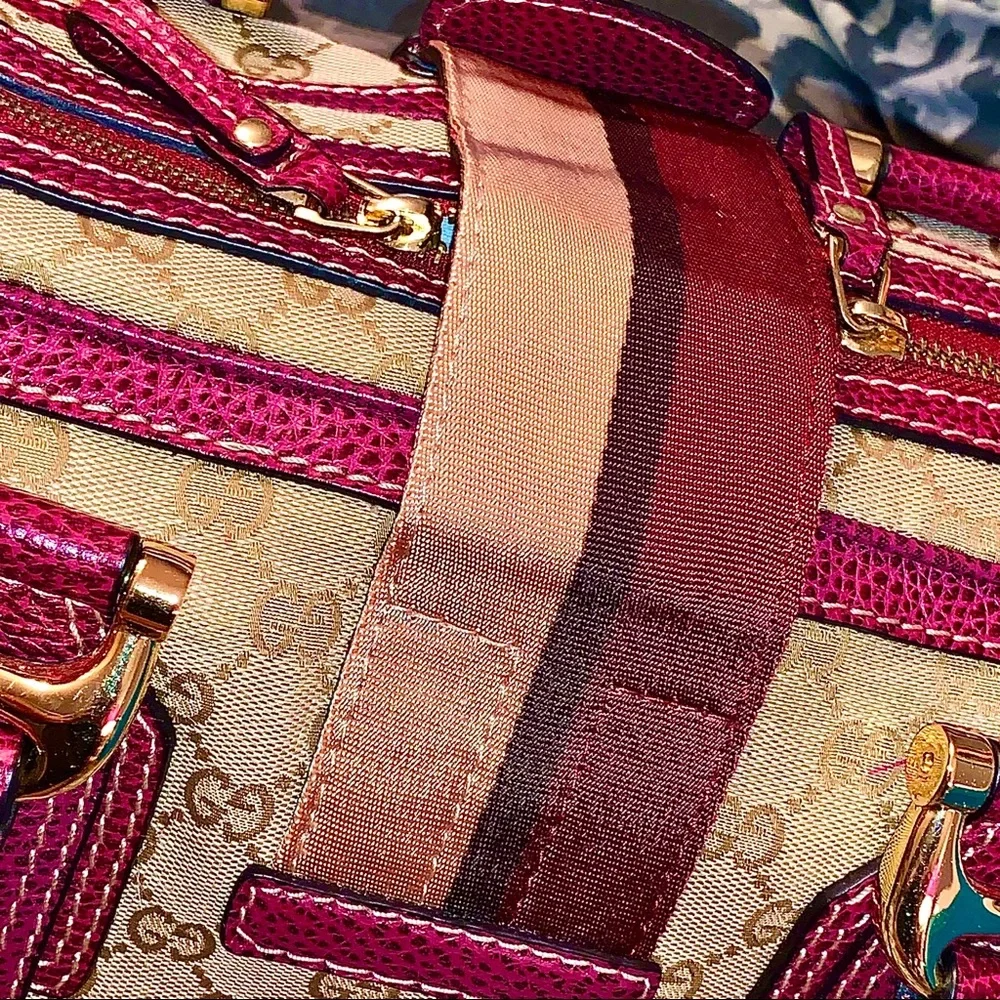Classic Satchel Red Leather Trim & Beige Canvas
